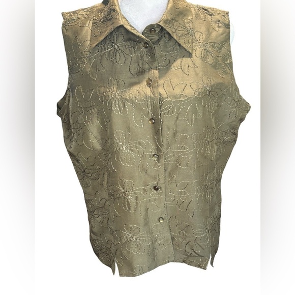 Silk Land Tops - Silk Land Sleeveless Embroidered Top.  Color Olive